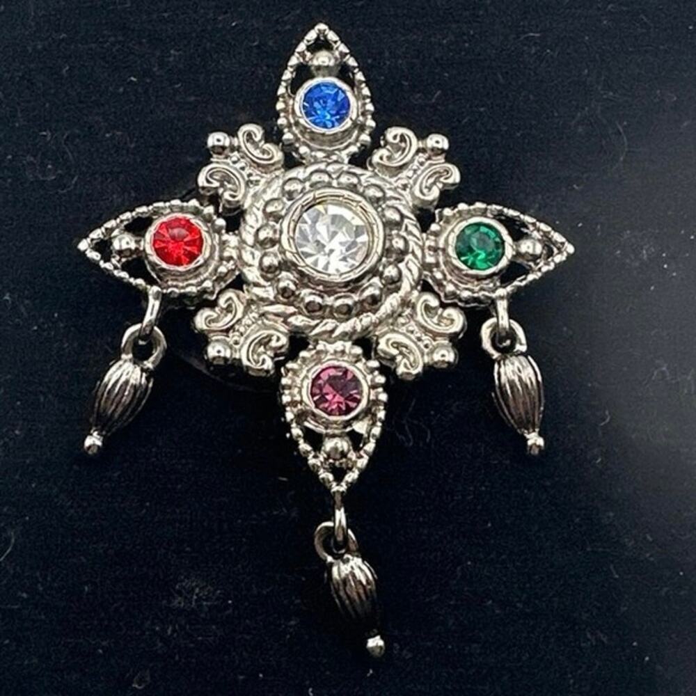 Bob Mackie Brooch Maltese Cross Signed Rhinestone Multicolor Dangle Vintage